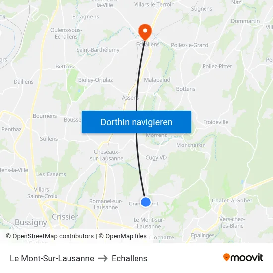 Le Mont-Sur-Lausanne to Echallens map