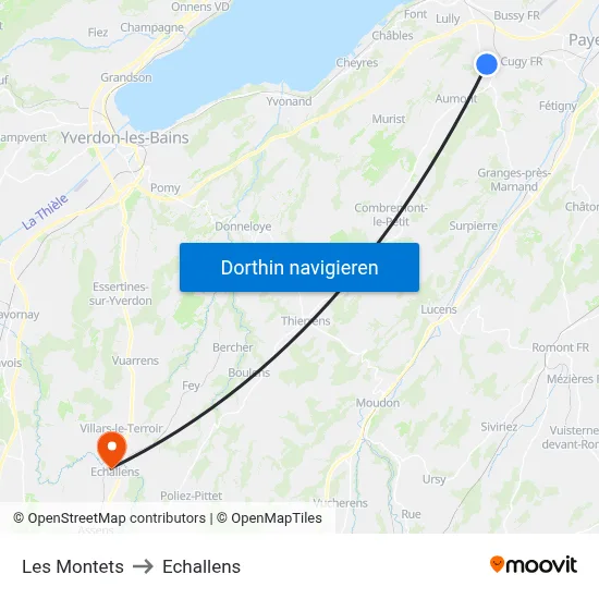 Les Montets to Echallens map