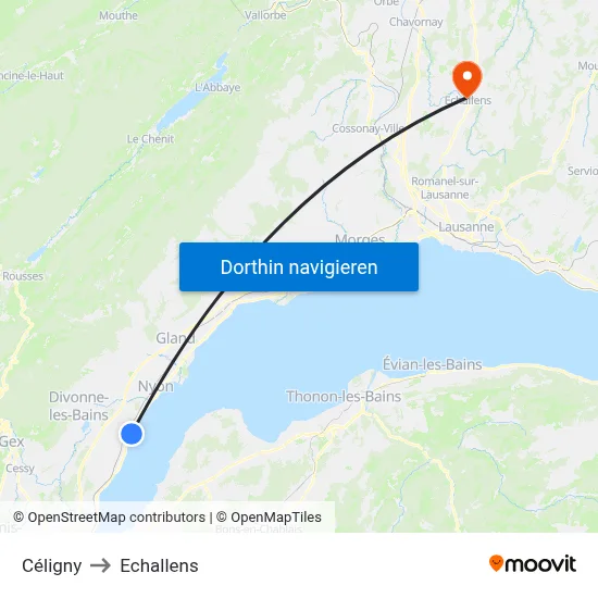 Céligny to Echallens map