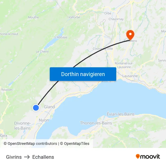 Givrins to Echallens map