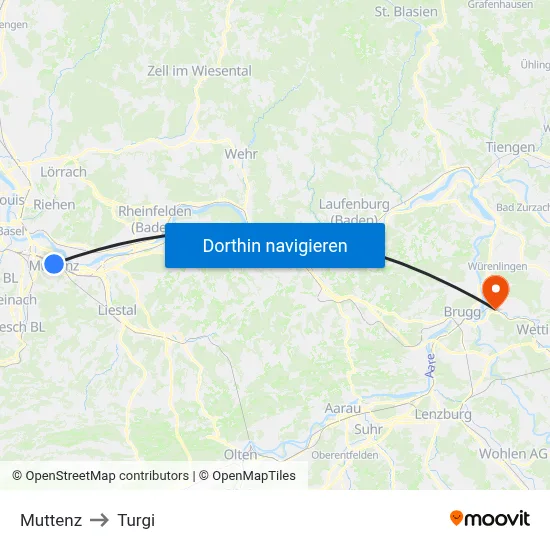 Muttenz to Turgi map