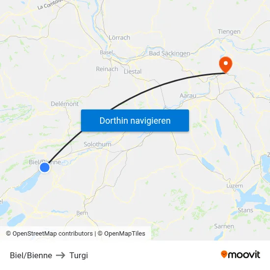 Biel/Bienne to Turgi map