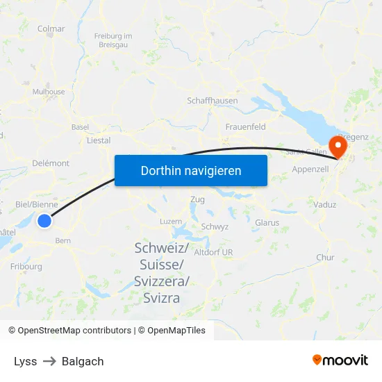 Lyss to Balgach map