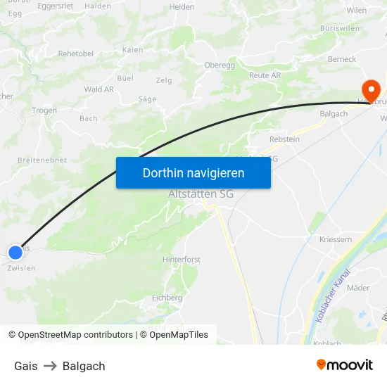 Gais to Balgach map