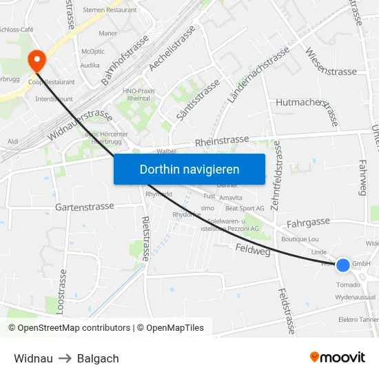 Widnau to Balgach map