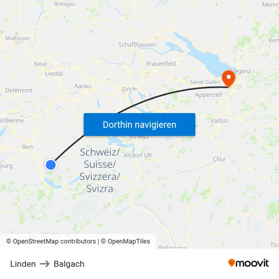 Linden to Balgach map