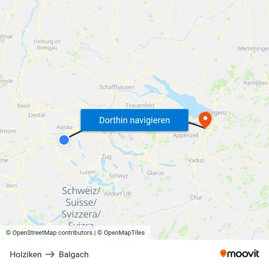 Holziken to Balgach map