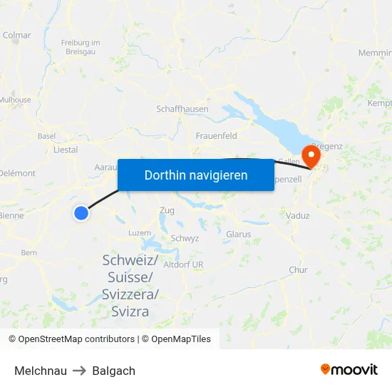Melchnau to Balgach map