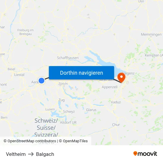 Veltheim to Balgach map