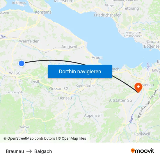 Braunau to Balgach map