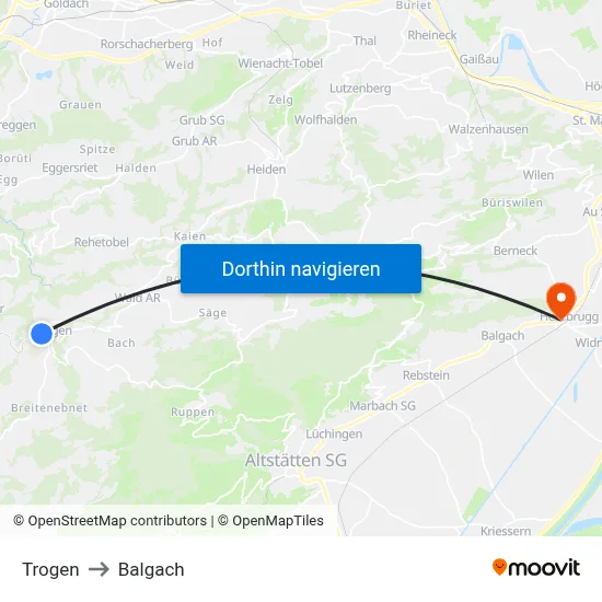Trogen to Balgach map