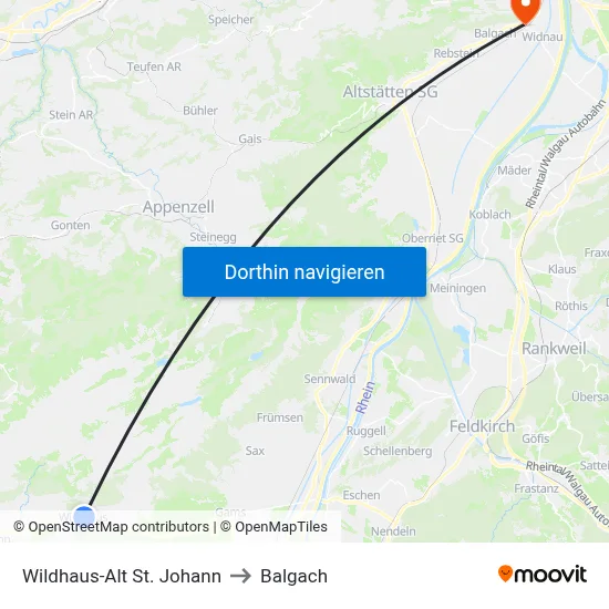 Wildhaus-Alt St. Johann to Balgach map