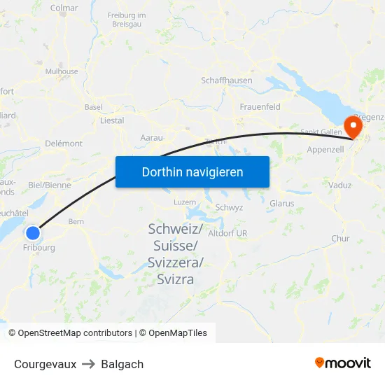 Courgevaux to Balgach map
