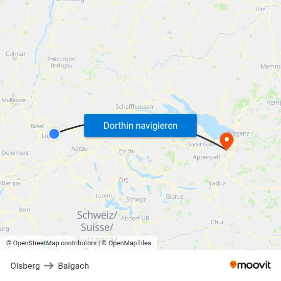 Olsberg to Balgach map