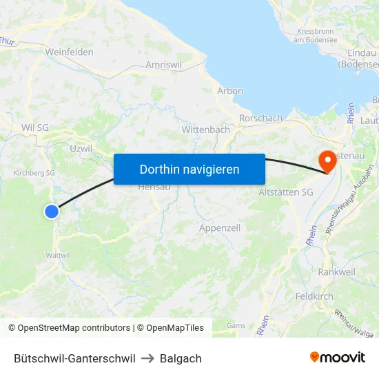 Bütschwil-Ganterschwil to Balgach map