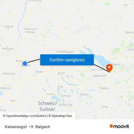 Kaiseraugst to Balgach map