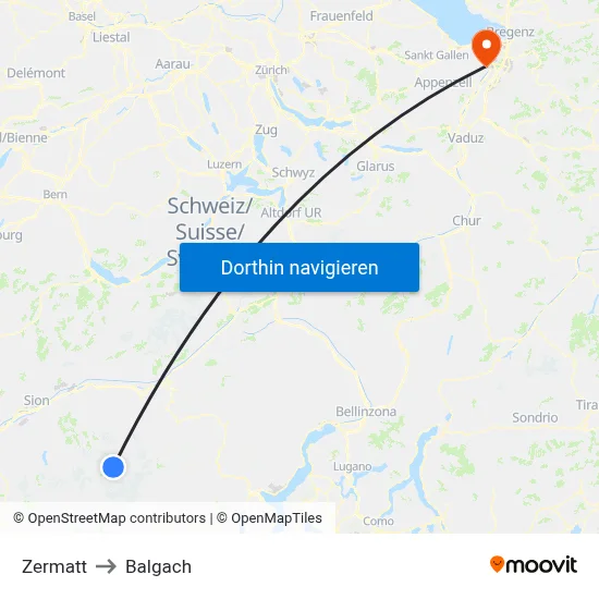 Zermatt to Balgach map