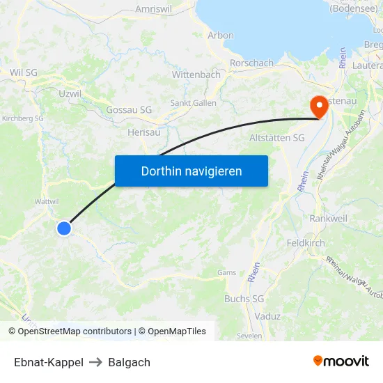 Ebnat-Kappel to Balgach map