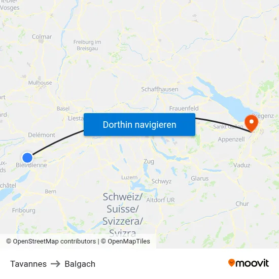 Tavannes to Balgach map