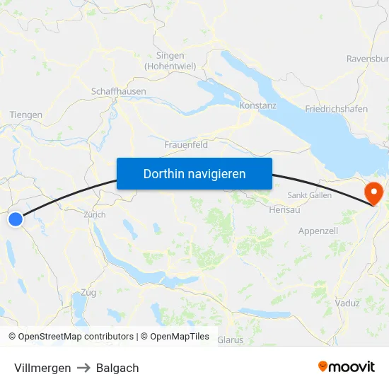 Villmergen to Balgach map