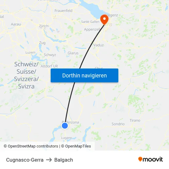Cugnasco-Gerra to Balgach map