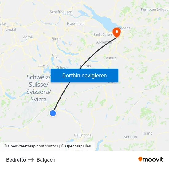 Bedretto to Balgach map