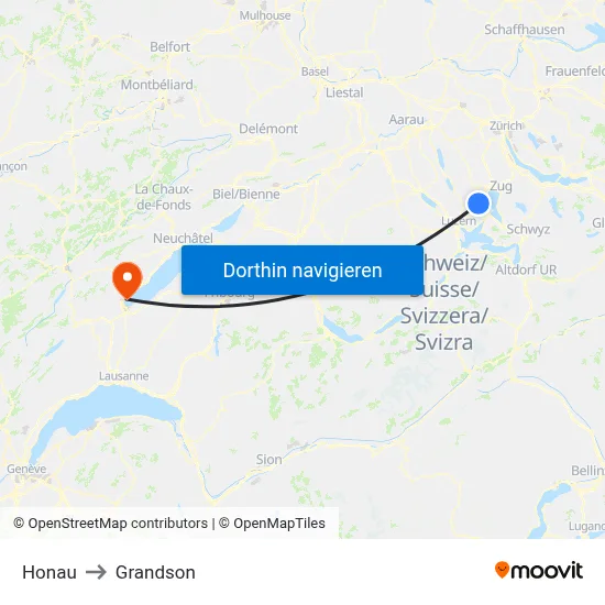 Honau to Grandson map