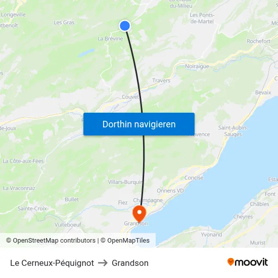 Le Cerneux-Péquignot to Grandson map