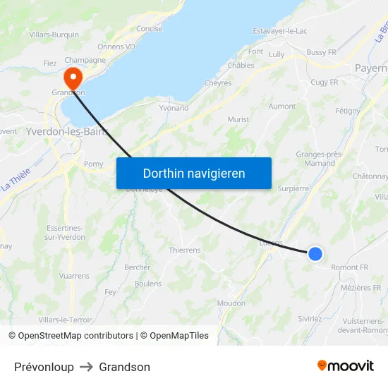 Prévonloup to Grandson map