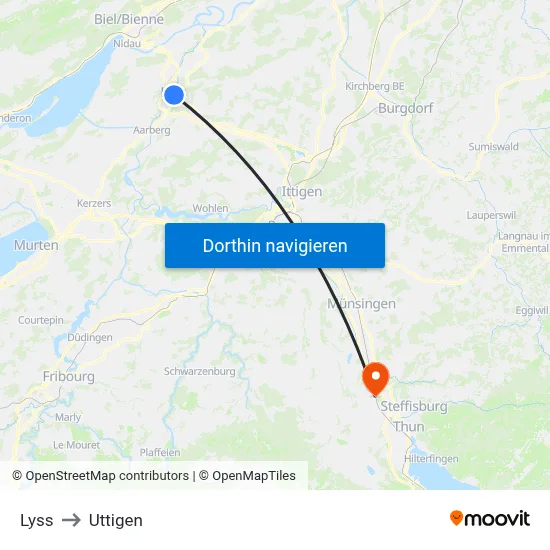 Lyss to Uttigen map