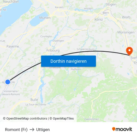 Romont (Fr) to Uttigen map