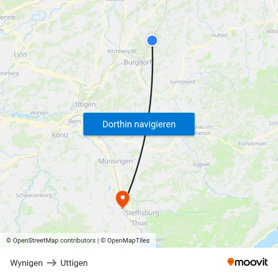 Wynigen to Uttigen map