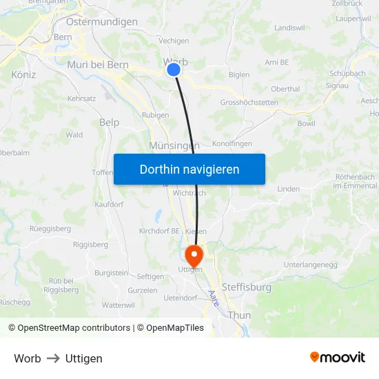 Worb to Uttigen map