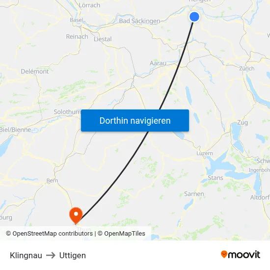 Klingnau to Uttigen map