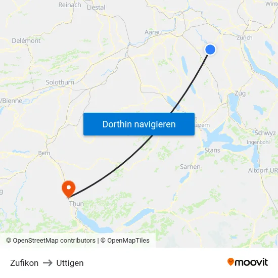 Zufikon to Uttigen map