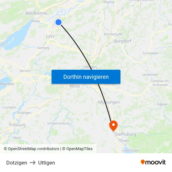 Dotzigen to Uttigen map
