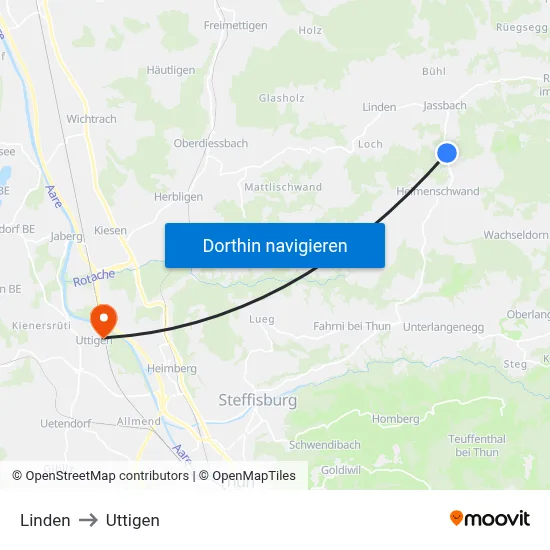 Linden to Uttigen map