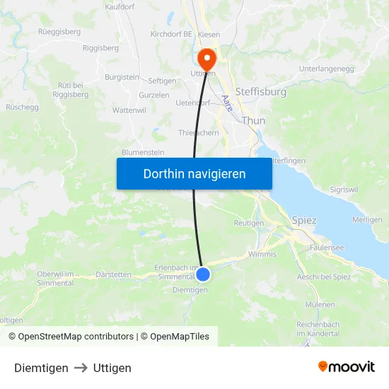 Diemtigen to Uttigen map