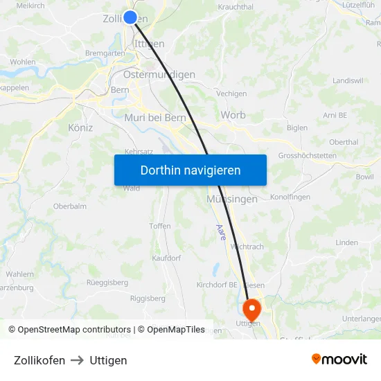 Zollikofen to Uttigen map