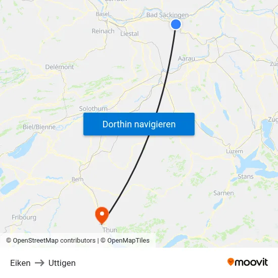Eiken to Uttigen map