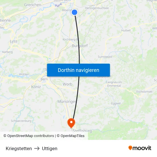 Kriegstetten to Uttigen map