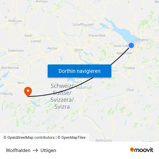 Wolfhalden to Uttigen map