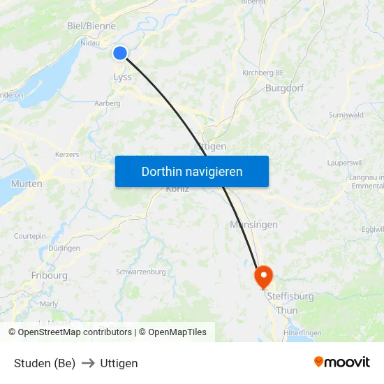 Studen (Be) to Uttigen map