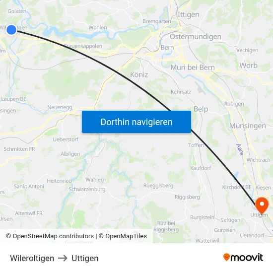 Wileroltigen to Uttigen map