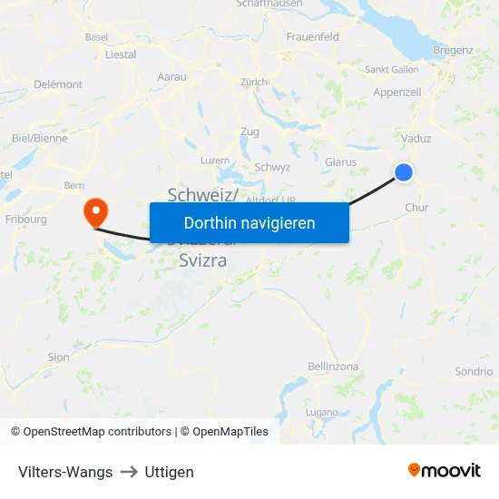 Vilters-Wangs to Uttigen map