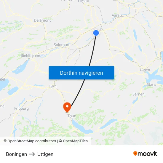 Boningen to Uttigen map