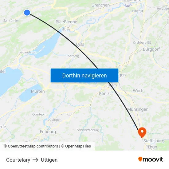 Courtelary to Uttigen map