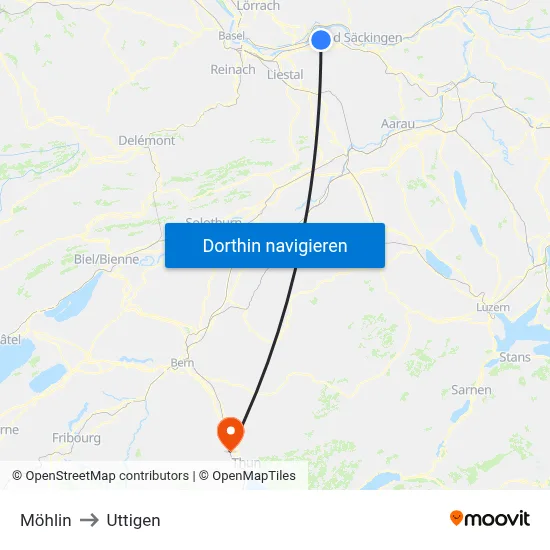 Möhlin to Uttigen map