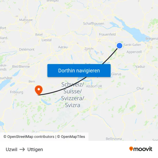 Uzwil to Uttigen map