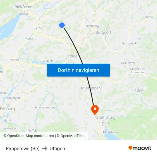 Rapperswil (Be) to Uttigen map